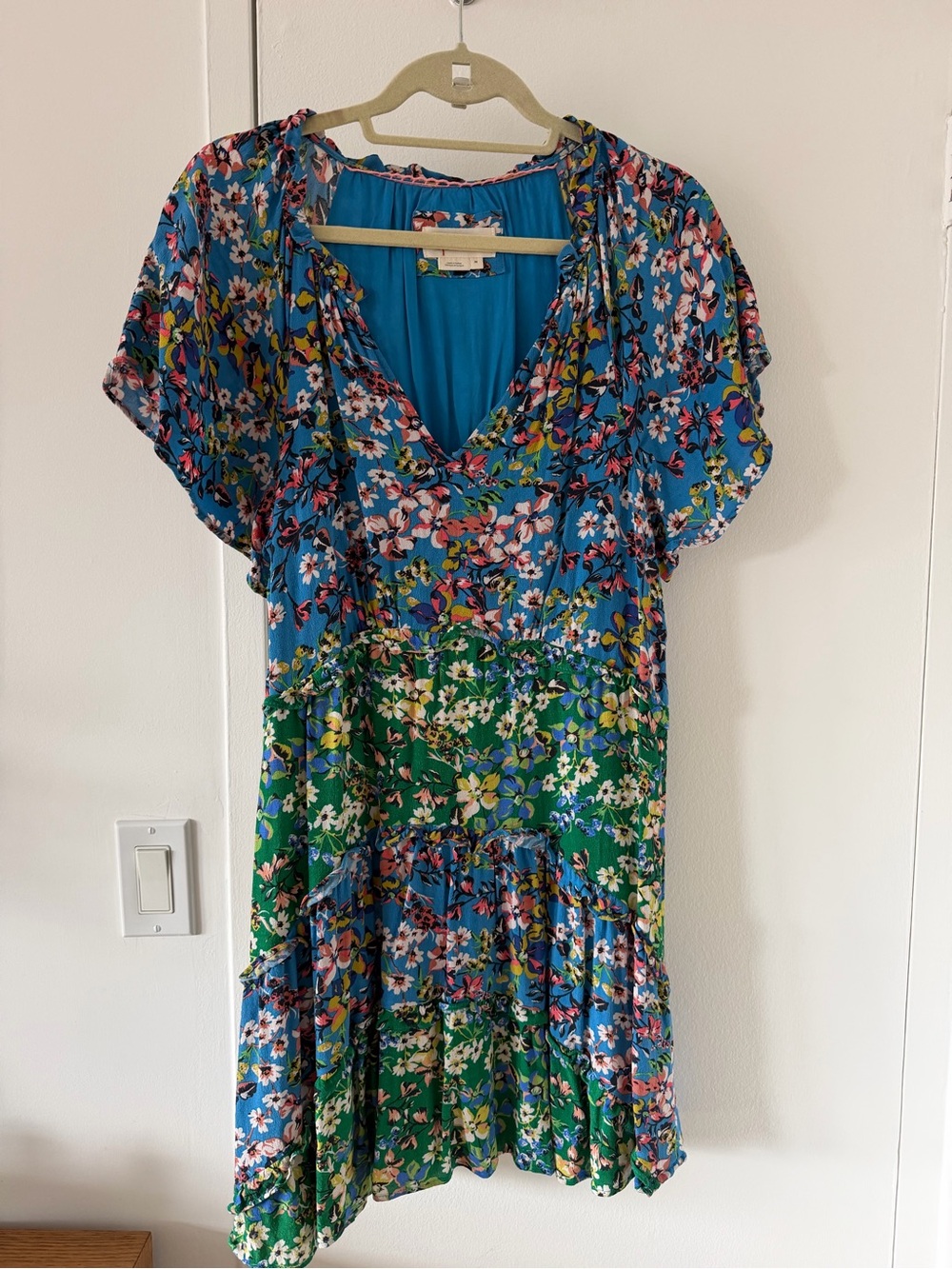 Anthropologie Blue & Green Floral V‑Neck Mini Dress